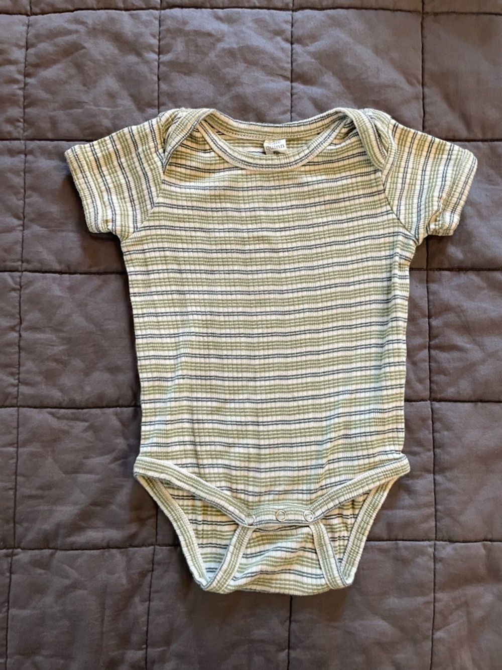 Striped green/blue/ivory Kate Quinn onesie, 12-18 mo